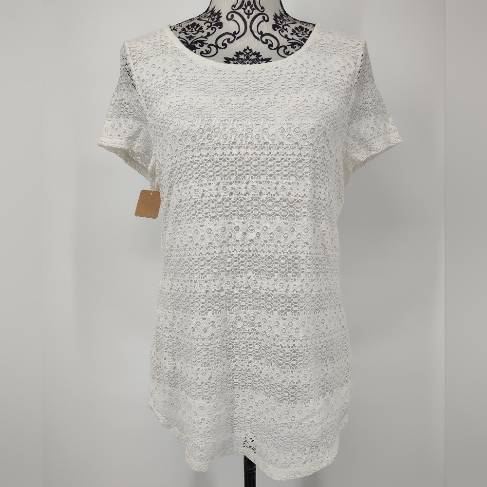 Leo & Nicole Women's Off White Layered Lace Short Sleeve Top Size Medium